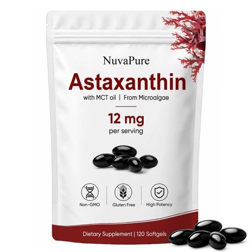 [BRSRYZYYA4CGKH3O] NuvaPure Astaxanthin 12mg Softgel Capsules with MCT Oil –Supports Antioxidant, Skin Radiance & Eye Health, Non-GMO, Gluten Free, 120 Count