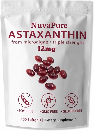 [BRSRYZAZDEIGGFLG] NuvaPure Astaxanthin 12 mg Softgels from Microalgae, 150 Count | Astaxanthin softgels from microalgae, Non-GMO and gluten-free, designed for a simple daily supplement routine