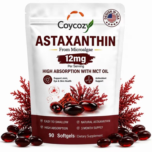 [BRSRYZALCIFBOCTB] Astaxanthin 12mg Natural Microalgae Source Supplement with MCT Oil | Support Eye Skin Joint Health,Internal Circulation,3 Month Supply,Easy-to-Swallow Softgels 90 Softgels