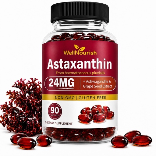 [BRSRGADQCIGRQDL6] Astaxanthin 24mg Softgels from Microalgae, 90 Count | Natural astaxanthin from Haematococcus pluvialis plus 200mg grape seed extract and 200mg ashwagandha per serving