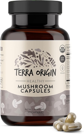 [BRSW2CT7OAFBUG3J] TERRA ORIGIN Healthy Mushroom Complex Supplement | 90 Capsules | Reishi, Lions Mane, Changa, Cordyceps, Maitake | Immune & Nootropic Brain Support | Certified USDA Organic, Non GMO, Vegan