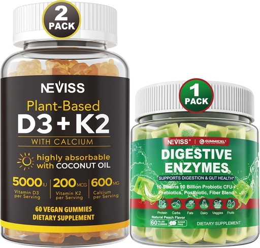 [BRSRAGQ2OV5GGCA3] NEVISS Vitamin D3 5000iu & K2, Calcium Gummies & Digestive Enzymes Gummies