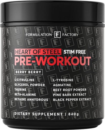 [BRSRGHA6PMBWCD3D] Formulation Factory Heart of Steel Stim-Free Pre Workout - Nitric Oxide Boosting Formula for Gym Performance & Endurance - 10-Ingredient Matrix with L-Citrulline - 840g, 30 Servings
