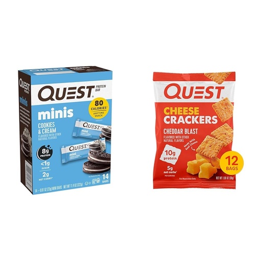 [BRSROBIPPIJRYFLZ] Quest Nutrition Mini Cookies & Cream Protein Bars, High Protein, Low Carb, Keto Friendly, 14 Count & Cheese Crackers, Cheddar Blast, High Protein, Low Carb