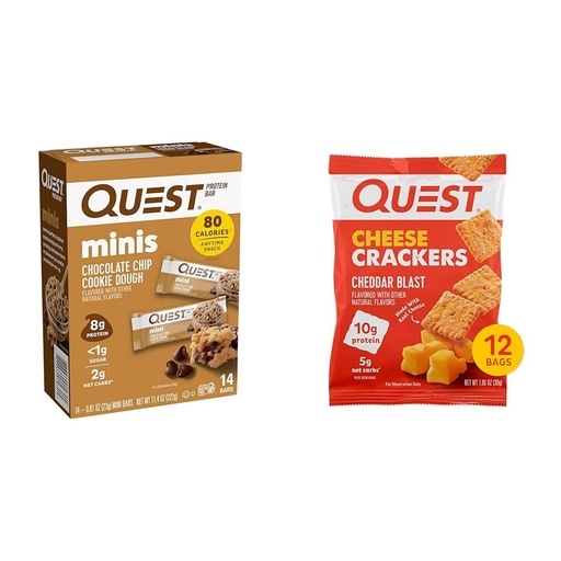 [BRSROBL3CQPBODTJ] Quest Nutrition Mini Chocolate Chip Cookie Dough Protein Bars, High Protein, Low Carb & Cheese Crackers, Cheddar Blast, High Protein, Low Carb, Made with Real Cheese