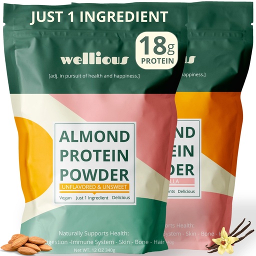 [BRSRGYY5DEHWYFA7] wellious Almond Protein Powder Bundle (1 Vanilla & 1 Unflavored) - 18 Grams of Pure Healthiest Vegan Protein - Gluten-Free, Soy-Free, Gut Friendly Protein Powder for Sports Nutrition