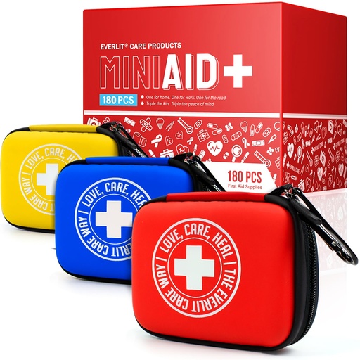 [BRSREHQNOYFRYCD3] EVERLIT CARE Mini-Aid First Aid Kit | Compact & Lightweight Case with Carabiners for Travel | Family & Kid Friendly 180 Pcs Wound Care Supplies for School, Work, Outdoor, Home & Office | Pack of 3