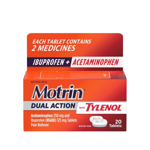 [BRSRMBICCF5QEHTB] Motrin Dual Action with Tylenol, Ibuprofen & Acetaminophen, 20 ct | Fast-Acting, Long Lasting Pain Reliever, Minor Aches & Pains