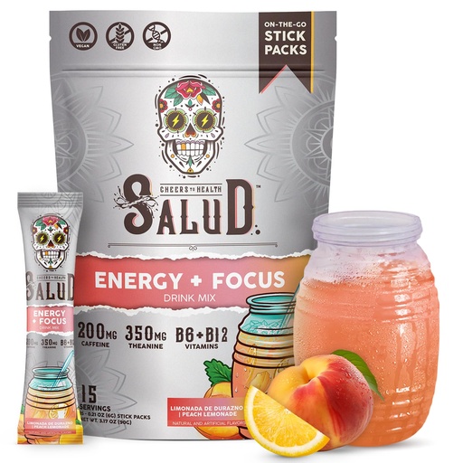 [BRSROC36AEHBQ2QV] Salud 2-in-1 Energy Drink Powder + Focus, Peach Lemonade, Organic Caffeine, B6 + B12, Theanine, Clean Energy Drink Packets, Agua Fresca Mix, Non-GMO, Gluten Free, Vegan, 1g of Sugar, (15 Servings)