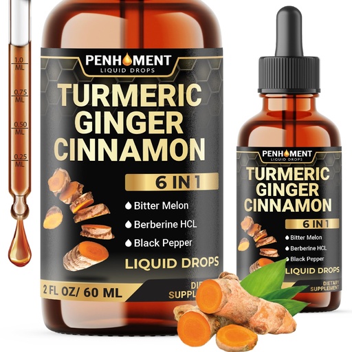 [BRSRAFLYDIIQAHLL] 6in1 Liquid Turmeric Curcumin with Ginger, Berberine Extract, Ceylon Cinnamon, Bitter Melon, Black Pepper - Drops Extract - 2FL oz - 60 Servings