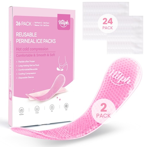 [BRSRGZACCAMRG3TJ] Hilph Perineal Ice Packs for Postpartum Hemorrhoid Pain Relief, Pink | Reusable 2 Perineal Cooling Pads with 24Pcs Disposable Sleeves for Women After Pregnancy Delivery, Essentials Postpartum Care