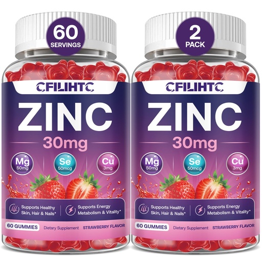 [BRSRGBQYOIBAGEY7] Zinc Gummies 30mg with Biotin 5000mcg, Copper, Selenium & Magnesium - Zinc Supplements for Women & Men with Vitamins C, D3 & K2 - Sugar Free Vegan Strawberry Gummies, 2 Pack, 120 Count
