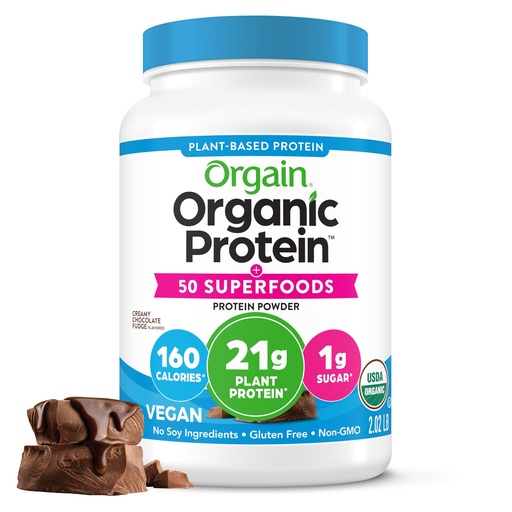 [BRSWGAQ7BAFRGDY6] Orgain Organic Vegan Protein + 50 Superfoods Powder, Creamy Chocolate Fudge - 21g Plant Based Protein, 9g Prebiotic Fiber, No Lactose, Gluten Free, No Added Sugar, 2.02 lb (Packaging May Vary)