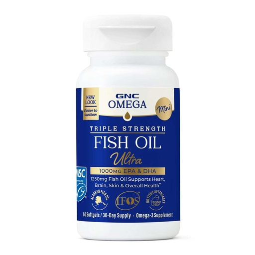 [BRSRYZAYCQDQKG3B] GNC Omega Triple Strength Fish Oil, Omega-3 Supplement, 60 Softgels | Delivers 1000mg EPA and DHA to Support Heart, Brain, Skin and Overall Health in an Easier to Swallow Softgel
