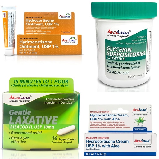[BRSRAFIPBV5A23LO] AVEDANA Relief Essentials Bundle - Glycerin and Bisacodyl Laxative Suppositories, Hydrocortisone Ointment, and Itch and Rash Cream - Complete Skin Care and Constipation Kit for Men and Women
