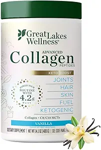 [BRSWYHTRPMCBGFYV] Great Lakes Wellness Keto Boost Advanced Collagen Peptides Powder with 4.2g MCTs - Vanilla Flavored - Nutritiously-Rich Non-Dairy Coffee Creamer or Smoothie Alt - Non-GMO, Kosher - 14.1 oz