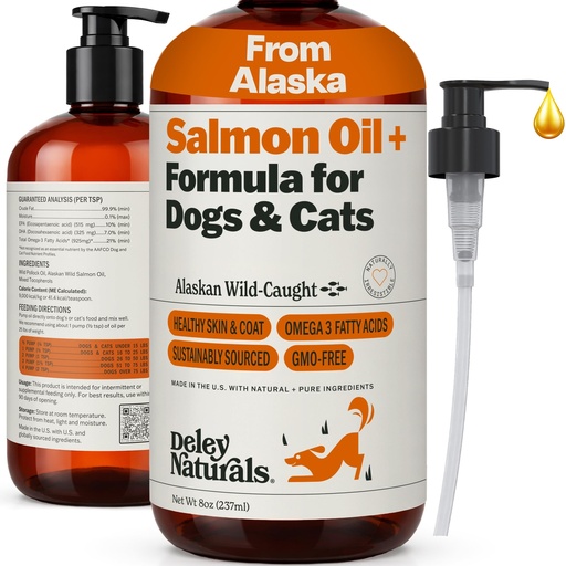 [BRSRGFDQCF4AEAA2] Deley Naturals Wild Alaskan Salmon Oil for Dogs & Cats - New and Improved Salmon Oil Plus Formula - Fish Oil for Dogs with Omega 3, DHA and EPA - Omega 3 for Healthy Skin and Coat - 8oz Made in USA