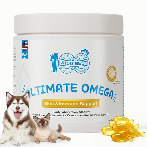 [BRSRGBQ3BAJWACLG] Fish Oil for Dogs and Cats, Omega-3 EPA DHA, 95% rTG, 100 Softgels | Phytosqualene and vitamin E; omega 3 for dogs, cat fish oil, EPA DHA, skin coat, joint and heart support