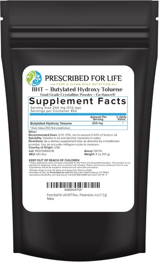 [BRSWYZYPOBYROYDV] Prescribed for Life BHT Powder, Powdered Butylated Hydroxytoluene for Food Preservation, Vegan, Gluten Free, Non GMO, Unbleached, Soy Free (4oz / 113g)