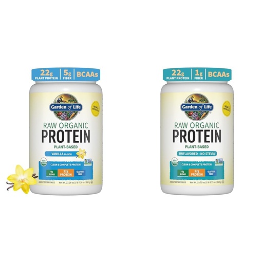 [BRSRAY33O4DWOFLO] Garden of Life Organic Vegan Protein Powder Bundle - Vanilla 1.5 LB & Unflavored 1.2 LB - 22g Plant Based Protein