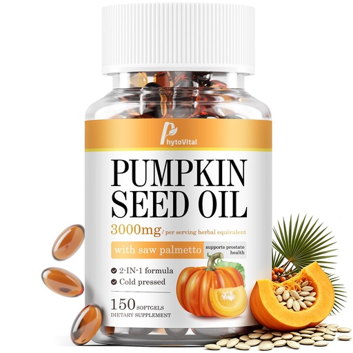 [BRSRY2QZOUFQKCIV] Pumpkin Seed Oil with Saw Palmetto Capsules, 3000mg Max Strength | Cold‑Pressed Virgin Oil, Essential Fatty Acids & Phytosterols, DHT Blocker & Hair Support for Men & Women, 150 Count(1 Pack)