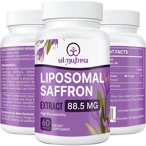 [BRSRAZD7CAAQODT3] Liposomal Saffron Supplements 88.5 mg, Maximum Absorption, 100% Pure Saffron Extract Capsules for Mood, Energy, Vision & Focus - 60 Vegan Capsules
