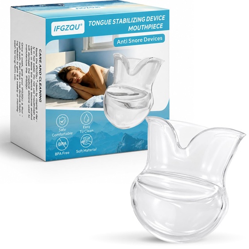 [BRSRYZALPMNRMA3F] Tongue Stabilizing Device Mouthpiece – Reusable BPA-Free Tongue Retainer for Quiet Restful Sleep, Soft Silicone Anti-Snoring Device, Custom-Fit for Men & Women, Includes Travel Case (Clear)