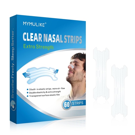 [BRSROEI5CBYAY23D] MYMULIKE Invisible Clear Nasal Strips for Snoring, 60 Count Nose Strips for Breathing, Extra Strength Nasal Strips, Lift for Open Feeling During Sleep & Sports