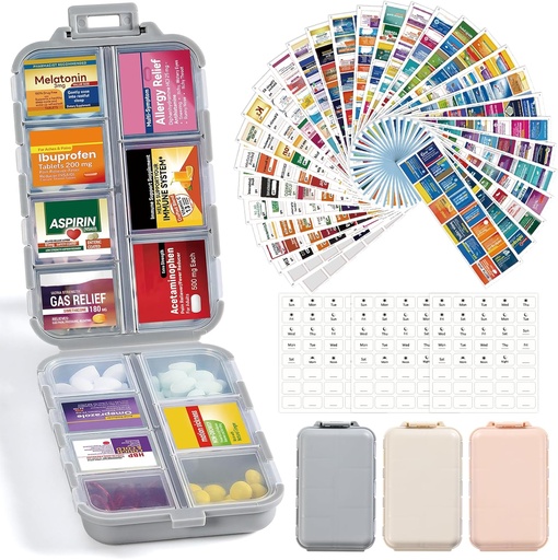 [BRSRA23YAV7GAA3K] 3 Pack 14 Grids Travel Pill Organizer Box with 415-Pcs Medicine Name Labels - Pocket Daily Pharmacy Case Container Kit - Travel Medication Holder Dispenser for Fish Oil Vitamin Supplement Storage