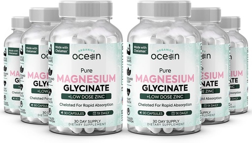 [BRSRAFICPMIQIFAV] Orgánicas Magnesio Puro Glycinate con Zinc - Maximum Strength Suplemento de magnesio Chelated para Mujeres y Hombres para Calambres musculares y Apoyo al sueño - 6 Botellas