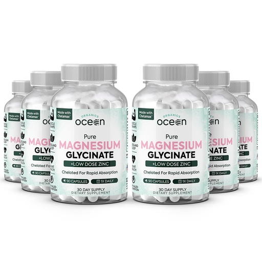 [BRSRAFICPMIQIFAV] Organics Ocean Pure Magnesium Glycinate with Zinc - Maximum Strength Chelated Magnesium Supplement for Women and Men for Muscle Cramps and Sleep Support - 6 Bottles