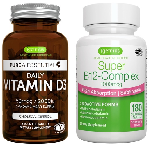 [BRSRAZQ3O4IBS3LP] Daily Vitamin D3 + Super B12-Complex, Vegetarian Bundle, 365 2000iu Vitamin D3 Tablets + High Absorption Sublingual B12, by Igennus