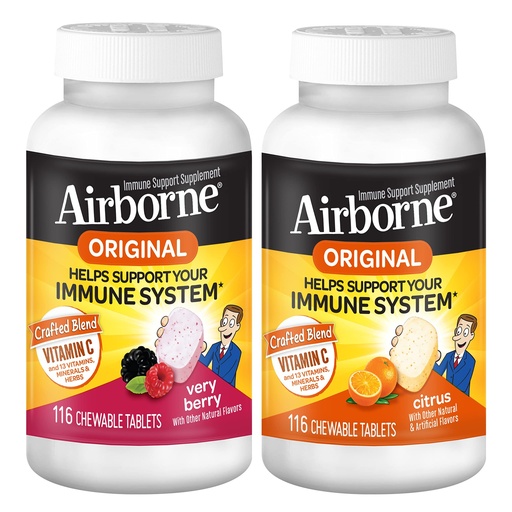 [BRSWGBDYOB6QOHLB] Airborne 1000mg Vitamin C Chewable Tablets Citrus & Very Berry Flavor Bundle - Immune Support Supplement with Zinc and Powerful Antioxidant Vitamins A C & E, (2x116ct bottles)*