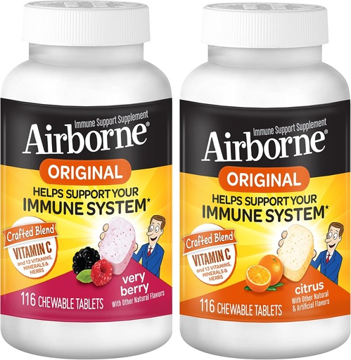 [BRSWGBDYOB6QOHLB] Airborne 1000mg Vitamin C Chewable Tablets Citrus & Very Berry Flavor Bundle - Immune Support Supplement with Zinc and Powerful Antioxidant Vitamins A C & E, (2x116ct bottles)*