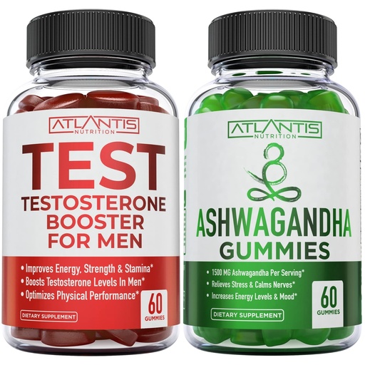 [BRSROZA7C57A2FYY] Atlantis Nutrition Testosterone Booster 60 Gummies + Ashwagandha 60 Gummies