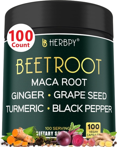 [BRSRAGTROYIQOCLA] Herbpy 6in1 Beet Root Capsules with Black Maca, Grape Seed, Ginger and Turmeric Roots, and Black Pepper - Extract 10:1 - Heart Health, Vitality & Immune Support* - 100 Count