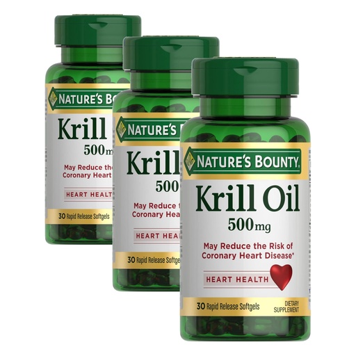 [BRSRGGQTOYARUC3H] Nature's Bounty Krill Oil, Heart Health, Dietary Supplement, 500mg, Rapid Release Softgels, 30 Count (Pack of 3)