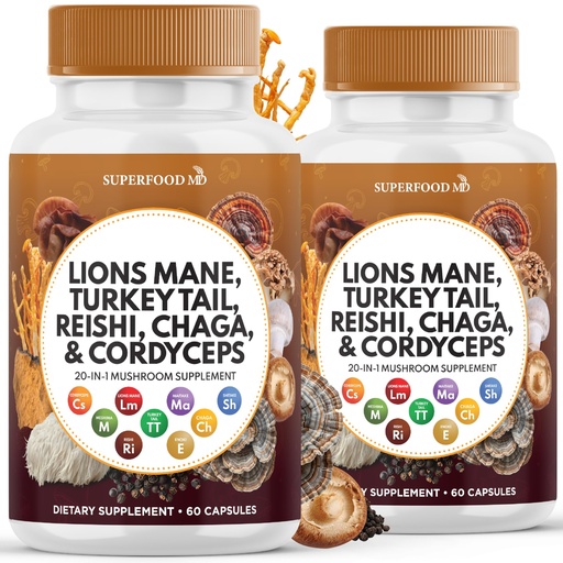 [BRSRAFITBMHQEG3X] Superfood MD Lions Mane Mushroom Supplement with Turkey Tail Reishi Cordyceps Chaga with Marshmallow Root - 120 Count