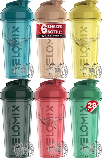 [BRSRACQFPIDWGEQ2] VELOMIX 6 Pack 28oz Protein Shaker Bottle for Protein Mixes, Hawai Shadows | 6x Wire Whisk, Leak Proof Shaker Cups for Protein Shakes, Stackable, Dishwasher safe, BPA free, Pre Workout and Fitness ready