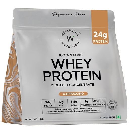 [BRSRAHYHCIGWCALF] Wellbeing Nutrition Clean Whey Protein Isolate & Concentrate 1Kg Cappuccino | 24g Protein, Clinically Proven Velositol 2x Muscle Protein Synthesis, 4B CFU Probiotics & Digestive Enzymes, Easy to Digest