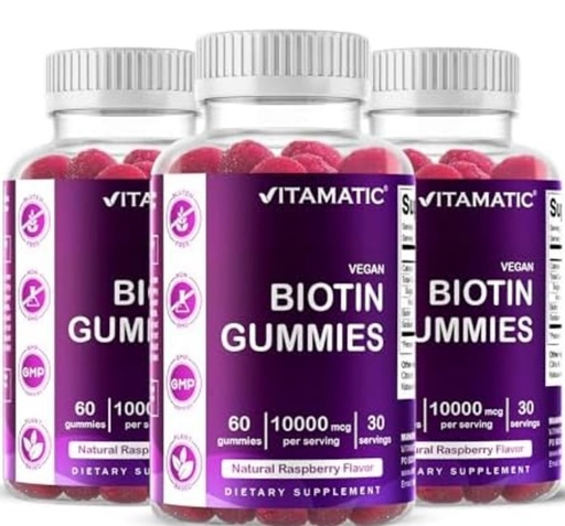 [BRSRMALQOJ7BUALO] Vitamatic Biotin Gummies 10,000 mcg for Stronger Hair, Skin & Nails - 60 Vegan Gummies - Also Called Vitamin B7 (3 Bottles)