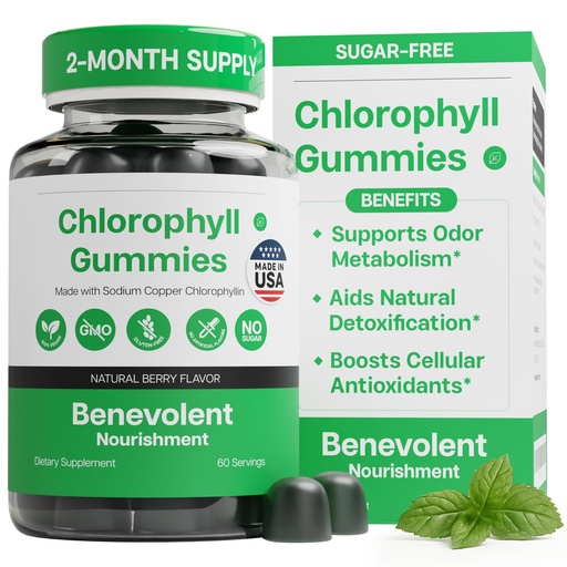 [BRSRE2QLOEHW2YLB] Benevolent Premium Chlorophyll Gummies – Vegan, Natural Flavor – 60 Count | Highly Absorbable Supplement for Energy Support, Immune Wellness, Natural Cleansing, 60 Servings