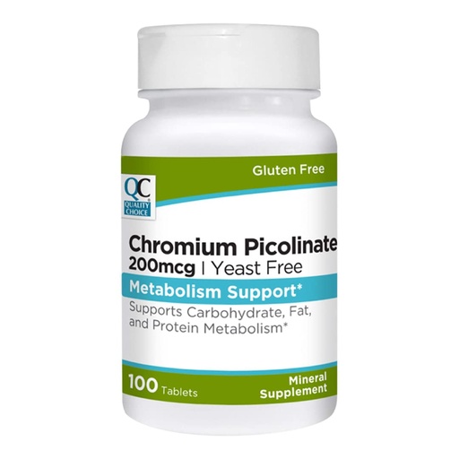 [BRSRMGT6OQNRU3TP] Quality Choice Chromium Picolinate 200 mcg for Support of Carbohydrates, Protein, and Fat Processing. 100 Tablets. Free of Preservatives, Artificial Flavors & Gluten.