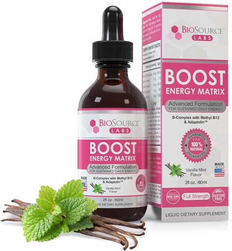 [BRSWY2QTAQJWY23A] Boost Energy Matrix –Vegan Vitamin B-Complex Sublingual Liquid Drops w/Methyl B12 & Adaptolin (2oz / 60ml Bottle)