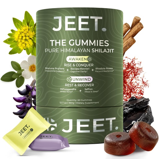 [BRSREGQQCEPWG3LA] JEET. Himalayan Shilajit Gummies | AM + PM Adaptogen System | Ashwagandha, Rhodiola Rosea, Bacopa Monnieri, Mucuna Pruriens, Saffron | Energy, Focus, Mood and Sleep Support | 820mg | Vegan | 60 Count