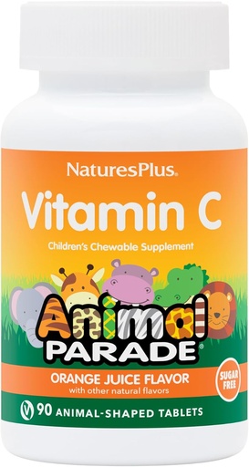 [BRSWIZQIBQBRU33C] Natures Plus Animal Parade Vitamina C, Natural Orange Juice Flavor - 90 Chewable Animal Shaped Tablets - Immune Support - Gluten Free - 45 Servings