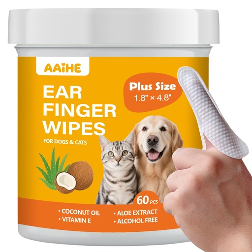 [BRSREHD2OUGWKADB] Plus Size Dog Ear Wipes for Dogs & Cats, Coconut Scent, 60 Count | Fit All Finger Size, Gently Remove Ear Wax & Dirt, Relieve Ear Itching,Fresher Ears. Alcohol-Free,Safe for Daily Ear Cleaning