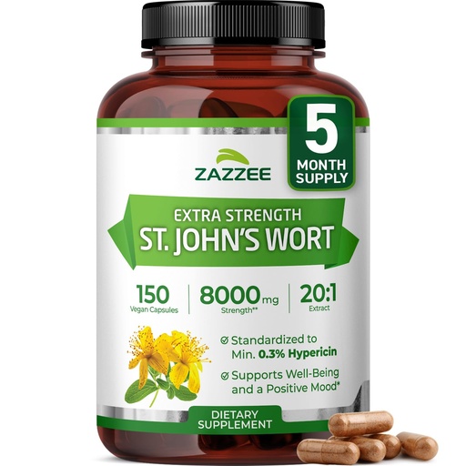 [BRSROEATBMCAIYA3] Zazzee Extra Strength St. John’s Wort 20:1 Extract, 0.3% Hypericin, 150 Vegan Capsules, 5 Month Supply, Hypericum Perforatum, Mood & Emotional Wellness Support, Herbal Supplement, Non-GMO, Made in USA