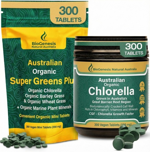 [BRSRGGL3DEFAYFY2] Biogenesis Twin-Action Greens Stack: Organic Chlorella (300 Ct) & SuperGreens Plus (300 Ct) – Australian Grown Green Superfoods – Vegan, Unflavored Tablets for Immunity & Daily Energy