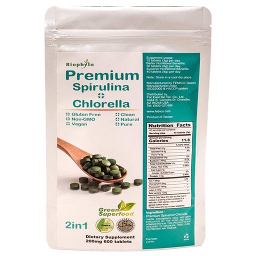 [BRSWG237C4NBUE3Z] Chlorella Spirulina 2 in 1 Tablets- 600 Counts- Broken Cell Wall- 40 Days Supply- Vegan Protein- Non-GMO- Iron, B12, Chlorophyll, Phycocyanin, Zinc, Calcium- 100% Pure- Natural Energy -by Biophyto